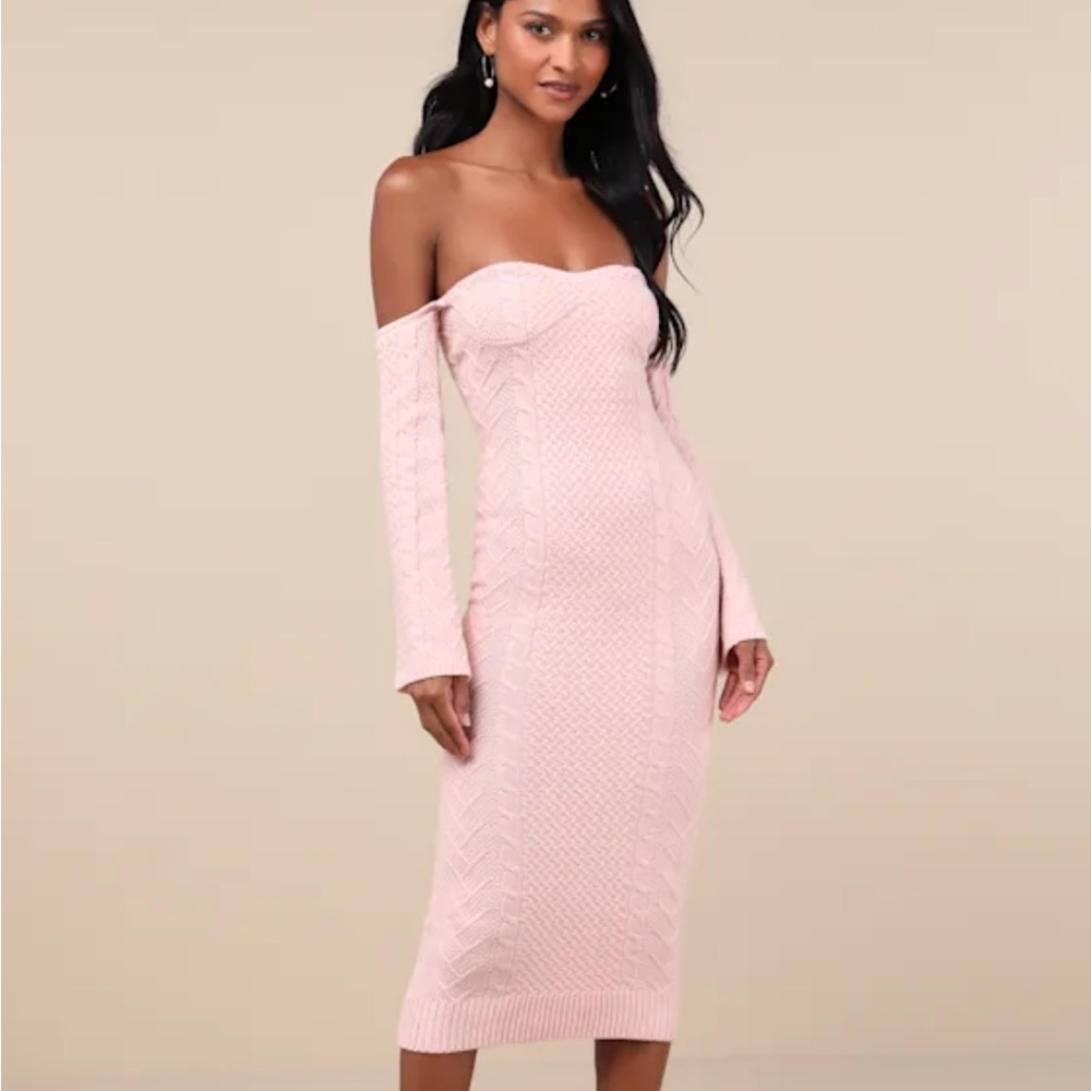 New Lulus Light Pink Cable Knit Sweater Off The Shoulder Bodycon Dress Size XL